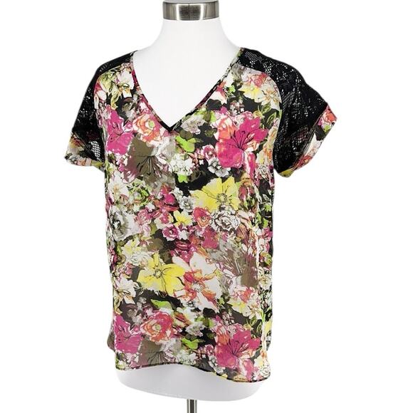 KUT from the Kloth Women’s Black Pink Floral Print Lace Flowy Top Size M - Picture 1 of 10